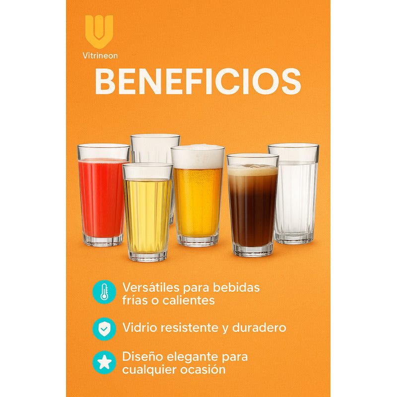 Set 6 Vasos Vidrio Jugos Cervezas Malteadas Bebida 330 Ml Transparente