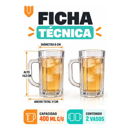 Pack 2 Vasos Vidrio Cerveza Asa 400ml Transparente Shoperos Vasos Vidrio Con Asa 400ml Pack 2 Jarros Cerveceros Transparentes Cerveza Jugo Agua Té Café Frío Relieve Mesa Cocina 400ml