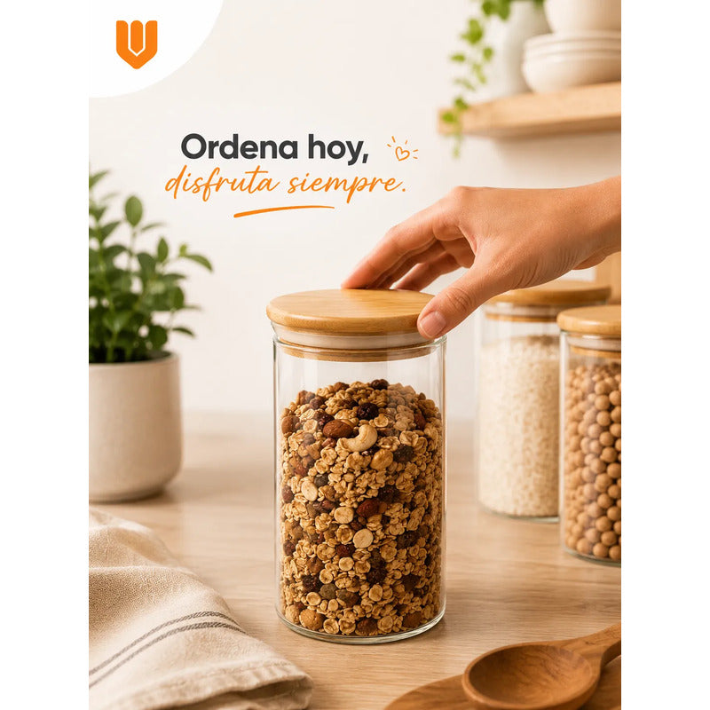 Frasco Vidrio Cocina Hermetico Cilindrico Tapa Bambu 400 Ml 6 Unidades