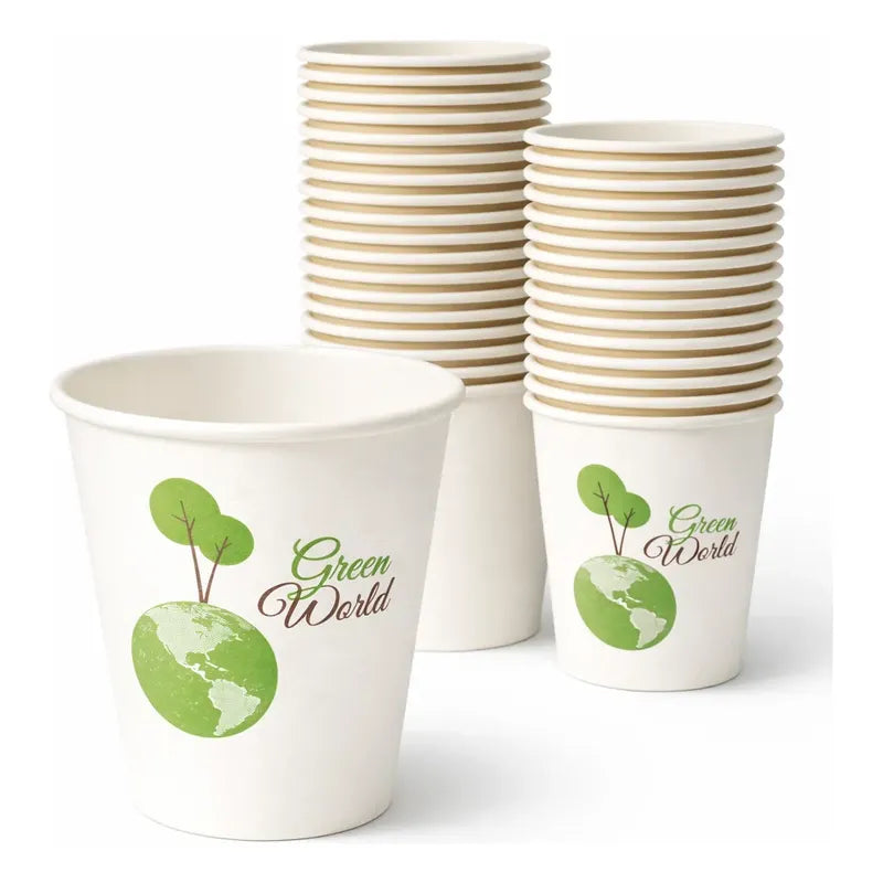 Vasos Desechable Compostables Biodegradable Café Jugo Agua X50 Unidades Blanco Verde Natural Eco Biodegradable Sustentable Diseño Limpio Consumo Responsable Cafeteria Bebidas