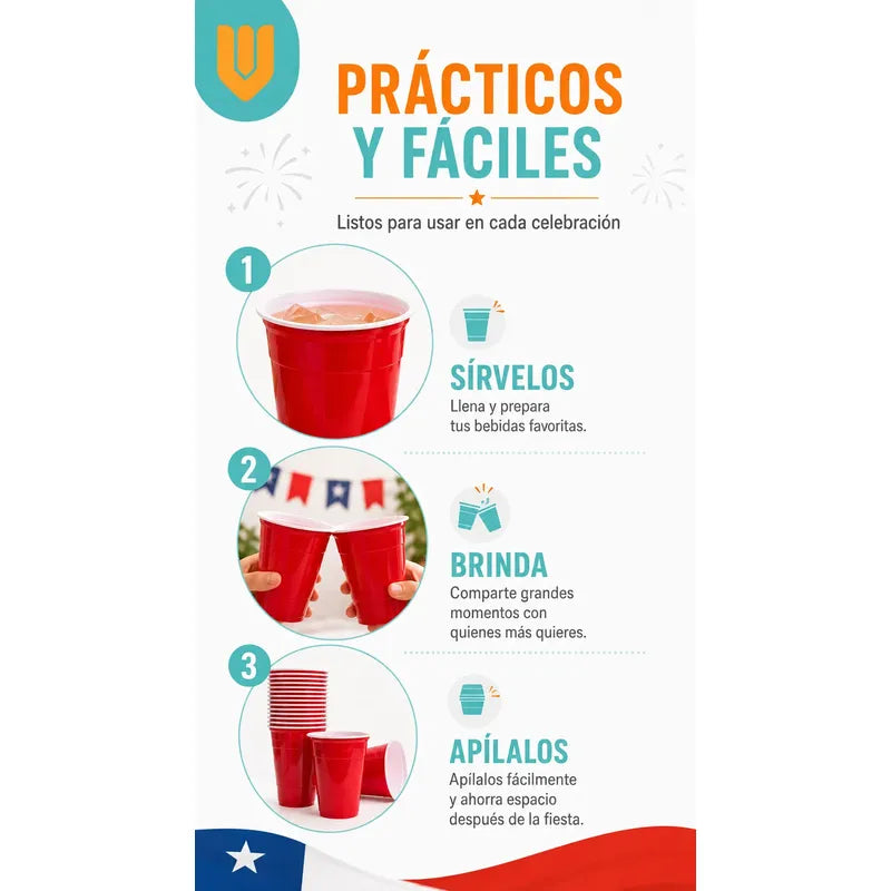 50 Vasos Plasticos Desechables Terremotos Bebidas Fiesta Rojo Bicolor Blanco Vaso Americano Fiestas Patrias Terremoto Fonda Celebración Chilena