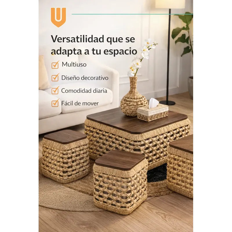 Mesa Centro Rustico Compacto Living Nordico Espacio Reducido Tono Natural Marron Claro Estilo Organico Acabado Calido Textura Ratan Visible Combinacion Madera Look Decorativo Elegante Ambiente