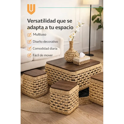 Mesa Centro Rustico Compacto Living Nordico Espacio Reducido Tono Natural Marron Claro Estilo Organico Acabado Calido Textura Ratan Visible Combinacion Madera Look Decorativo Elegante Ambiente
