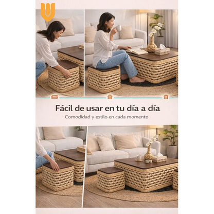 Mesa Centro Rustico Compacto Living Nordico Espacio Reducido Tono Natural Marron Claro Estilo Organico Acabado Calido Textura Ratan Visible Combinacion Madera Look Decorativo Elegante Ambiente