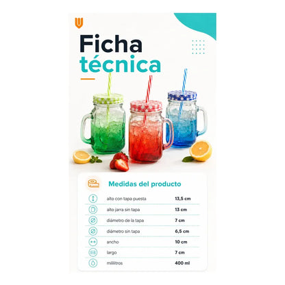 4 Vasos Vidrio 400ml Bombilla Tapa Jugos Bebidas Multicolor Multicolor