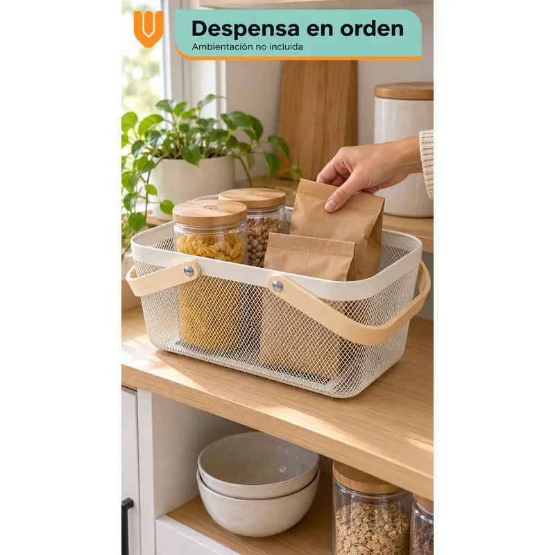 Canasta Organizadora Metal Blanco Asas Madera 40x24x19 Cm Blanco Canasta Organizadora Canasto Cesta Metal Asas Madera Malla Romboidal Orden Textiles Frutas Cocina Baño Clóset