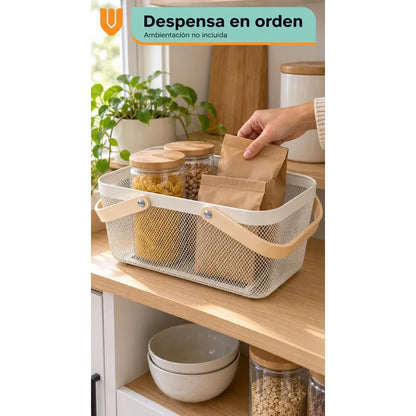 Canasta Organizadora Metal Blanco Asas Madera 40x24x19 Cm Blanco Canasta Organizadora Canasto Cesta Metal Asas Madera Malla Romboidal Orden Textiles Frutas Cocina Baño Clóset