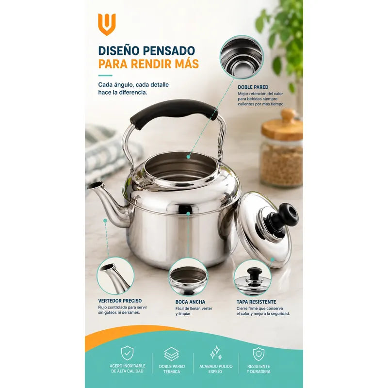 Pack 3 Tetera De Acero Inoxidable Cuello De Cisne 2 Litro Pl Plateado
