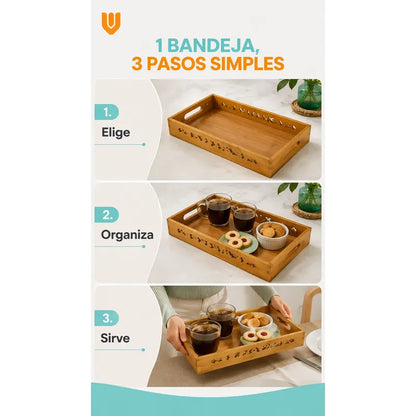Set 3 Bandejas Desayuno Rectangular Bambú Servir Decorativas Set 3 Bandejas Bambú Rectangulares Asas Laterales Bordes Diseño Calado Apilables Servicio Hogar Cocina Set 3 Bandejas Desayuno
