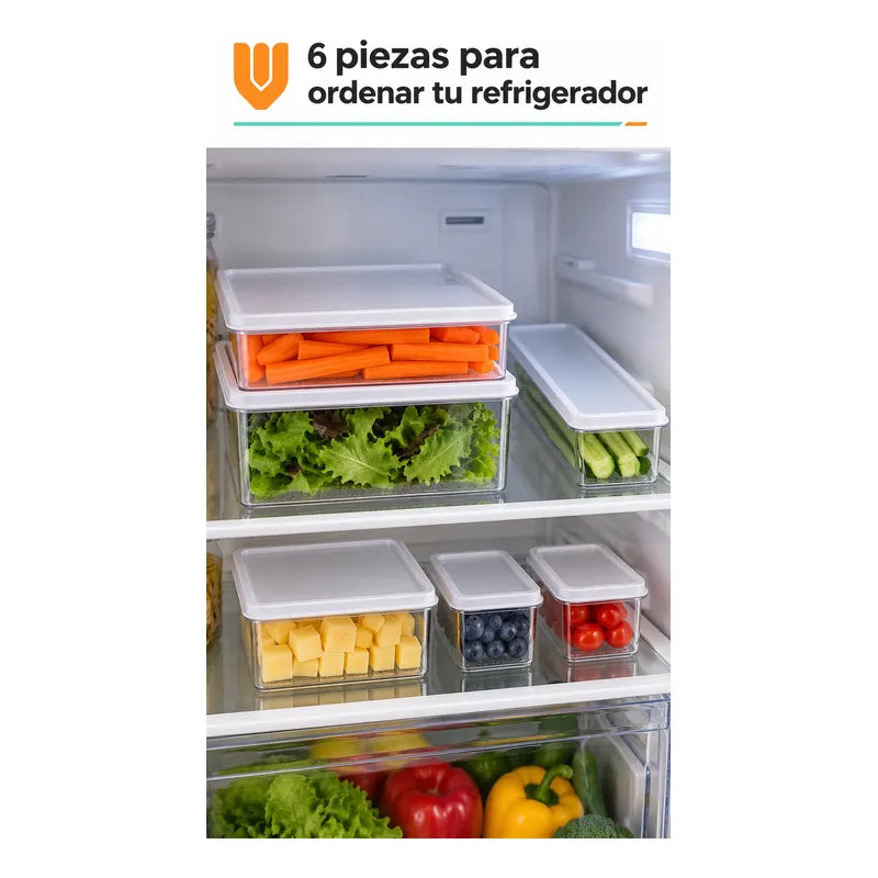 Set 6 Taper Organizadores Hermetico Tapa Conserveros Tupper Transparente Organizadores Alimentos Refrigerador Cocina Despensa Acrílico Transparente Tapas Blancas Rectangulares