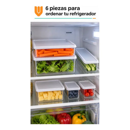 Set 6 Taper Organizadores Hermetico Tapa Conserveros Tupper Transparente Organizadores Alimentos Refrigerador Cocina Despensa Acrílico Transparente Tapas Blancas Rectangulares