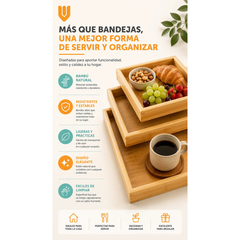 3 Bandejas Bambu Desayuno Rectangulares Multiuso Cocina Marron Bambú Natural Madera Clara Elegante Nordico Artesanal Gourmet Calido Minimalista Cocina Premium