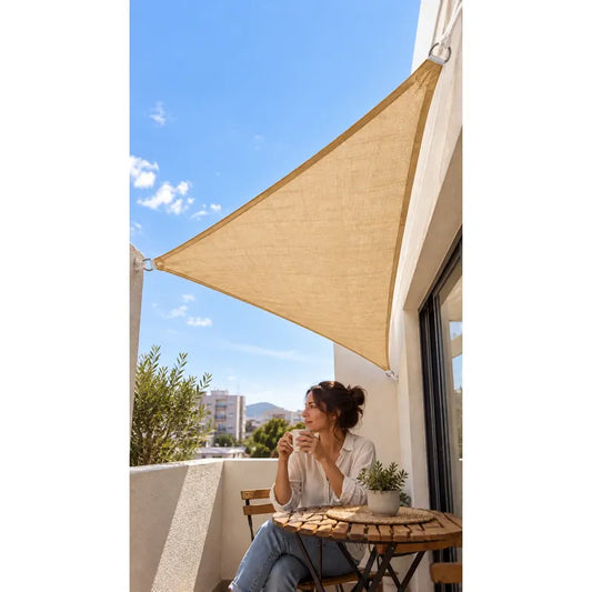 Toldo Vela Triangular Lona Tipo Yute 110x300 Cm 3 Cuerdas Beige Arena Claro Dorado Suave Tonalidad Cálida Bordes Costuras Al Tono Cintas Cuerdas Blancas Argollas Plateadas 110x300 Cm