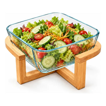Bowl Vidrio Ensaladera Cuadrada Base Madera Bambu 20cm Transparente Base Bambu Bowl Cuadrado Vidrio Transparente Base Bambú Natural Soporte Cruzado Ensaladera Mesa Cocina 20cm
