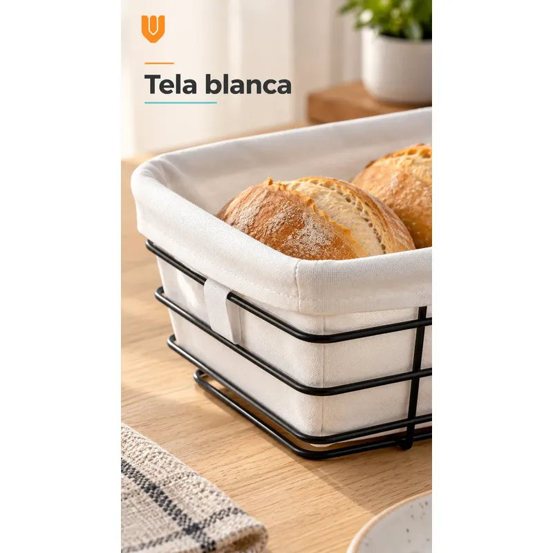 Panera Canasto Tela Rectangular 24cm Base Metal Servir Pan Anera Rectangular Canasto Pan Tela Blanca Metal Negro Cesto Abierto... 24cm
