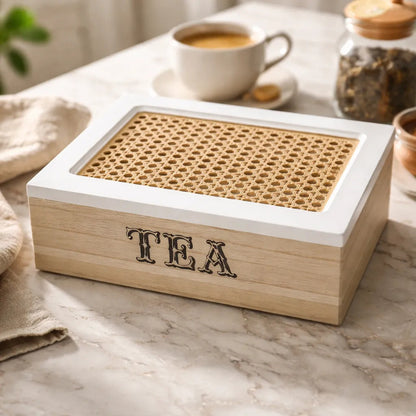 Vitrineon Organizador Te Madera Bambu Cocina Decoracion Chic Tono Madera Oscura Natural Acabado Elegante Estilo Nordico Moderno Decorativo Vetas Visibles Premium Cocina Hogar Estetica Calida