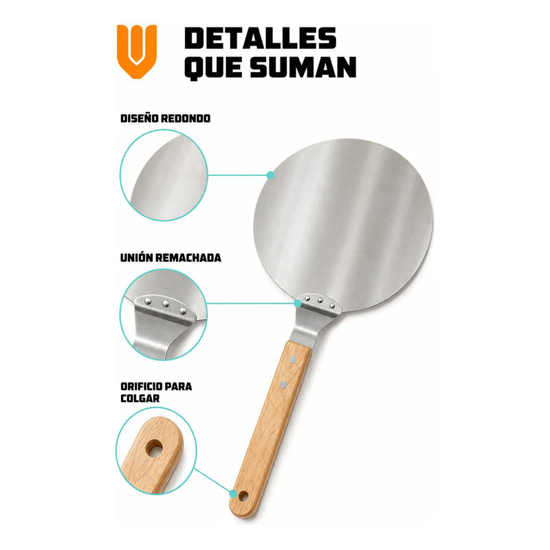 Pala Pizza Espátula Redonda Acero Mango Madera 25,5cm Pala Pizza Espátula Redonda Acero Inoxidable Mango Madera Utensilio Gastronómico Horno Cocina Pizzería Panadería Hornear 25.5cm