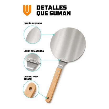 Pala Pizza Espátula Redonda Acero Mango Madera 25,5cm Pala Pizza Espátula Redonda Acero Inoxidable Mango Madera Utensilio Gastronómico Horno Cocina Pizzería Panadería Hornear 25.5cm