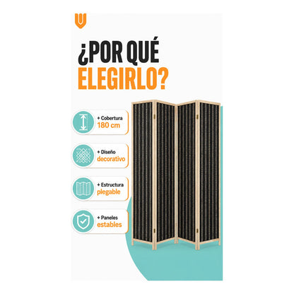Biombo Separador Ambiente Madera Ratan 4 Paneles 180cm Biombo Ratán Negro Beige 4 Paneles Biombo Ratan Plegable 4 Paneles 180... 180cm