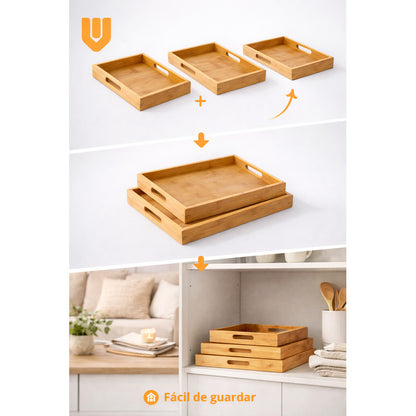 Bandejas Bambú Natural 3 Desayuno Mesa Servir Snacks Hogar Bambú