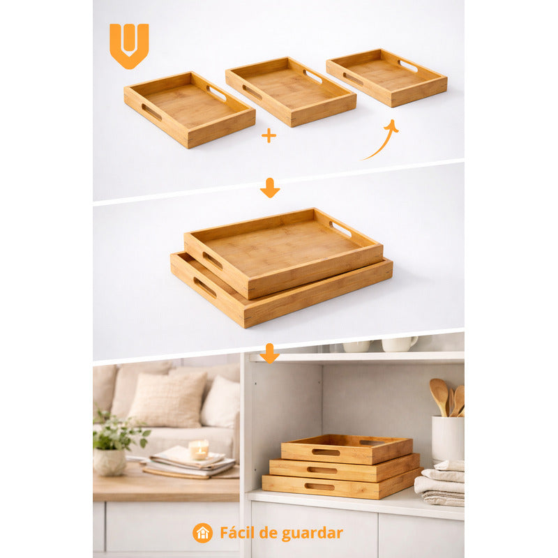 Bandejas Bambú Natural 3 Desayuno Mesa Servir Snacks Hogar