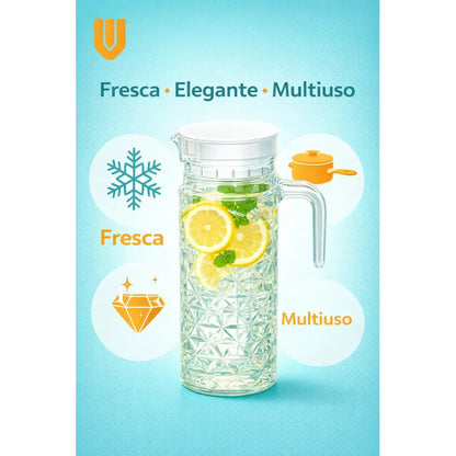 Jarra Vidrio 1100ml Vintage Diamante Tapa Plastica Asa Hogar Transparente Diamante Vidrio Cristal Claro Brillante Elegante Cocina Mesa Hogar Bebidas Agua Jugo Limonada Batidos