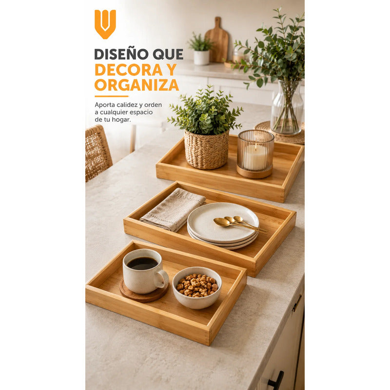 3 Bandejas Bambu Desayuno Rectangulares Multiuso Cocina Marron Bambú Natural Madera Clara Elegante Nordico Artesanal Gourmet Calido Minimalista Cocina Premium