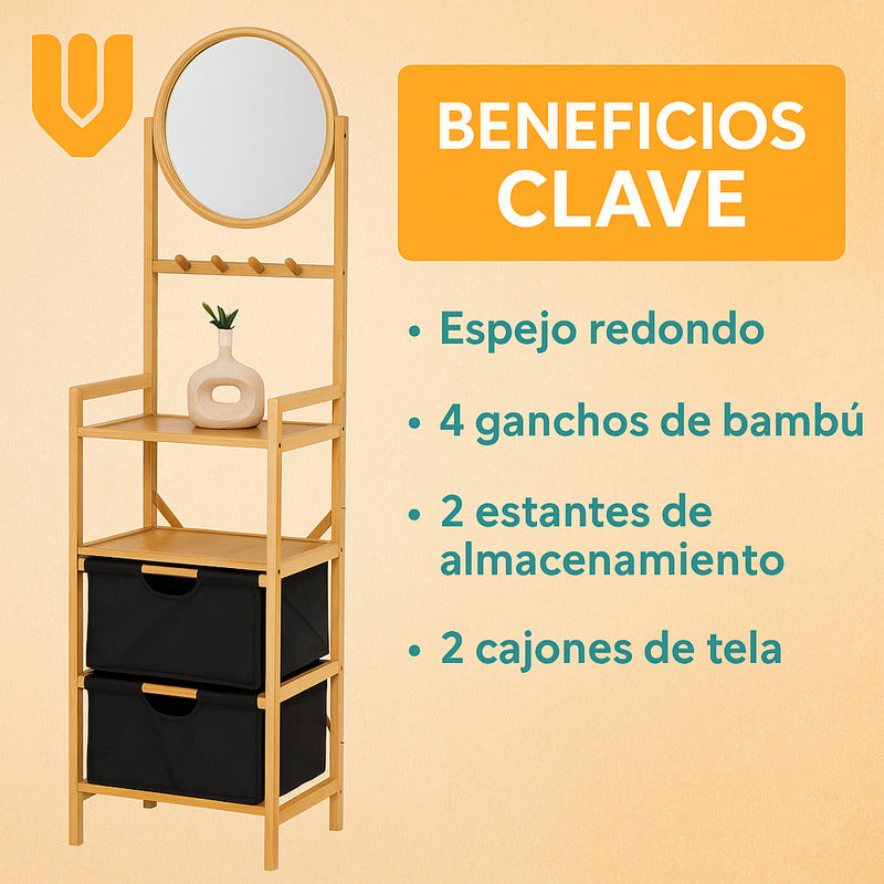 Organizador Bambú Ropa Espejo Doble Canasto Multifuncional