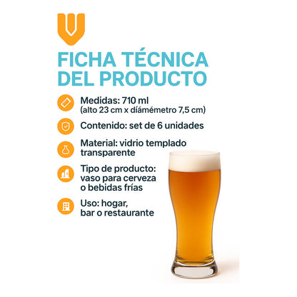 Vasos Cerveceros Vidrio 710 Ml Set 6 Unidades Alta Resistenc Vaso Vidrio