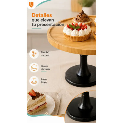 Base Torta Pedestal Cupcakes Stand Bambú Redondo Eventos Bambú Natural Tono Madera Claro Cálido Acabado Ecológico Premium Visible Estilo Nórdico Elegante Fiesta Postres Cupcakes