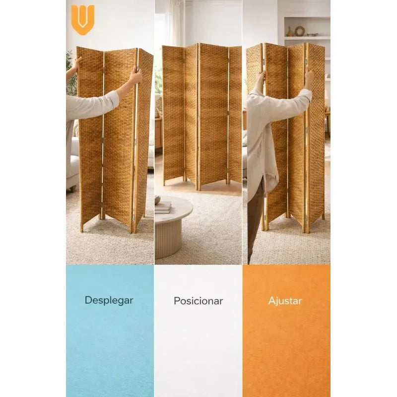 Biombo Separador Oficina Ambientes Divisor 4 Puertas 180 Cm Geométrico Marrón Claro