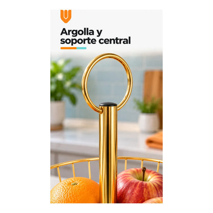 Frutero Mesa Hierro Dorado 2 Niveles 43cm Canasto Cestas Dorado Frutero Doble Dorado Dos Niveles Cestas Circulares Abiertas Soporte Central Argolla Superior Alto 43cm Diseño 43x28