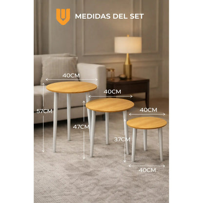 Set 3 Mesas Centro Redondas Bambu Diametro 40cm Altura 57cm Bambú