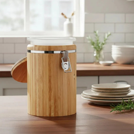 Frasco Guardado Despensa Cocina Organizador Ingredientes Bambu Natural Organico Ecologico Madera Claro Calido Rustico Cocina Despensa Minimalista Sostenible Premium