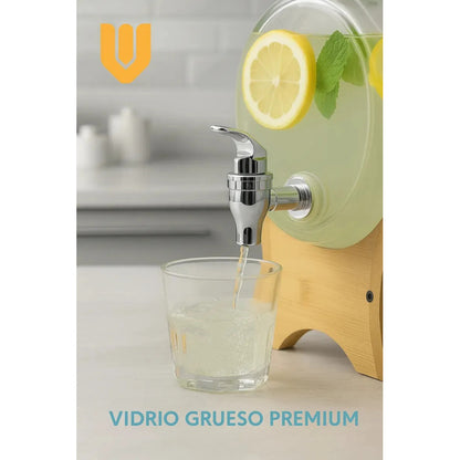 Dispensador Bebidas Vidrio 5l Base Bambu Canilla Plastica 32 5cm Altura 58cm Diametro 2kg Frasco Transparente Hogar Eventos Juntas Fiestas Agua Jugo Mesa Buffet Reuniones Cocina Premium