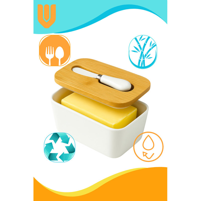 Mantequillero Ceramica Tapa Bambu Cuchillo Mantequilla Bambu