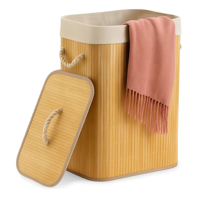 Canasto Ropa Bambu Tapa Cesto Organizador Baño Hogar30x40x50 Bambú Linea