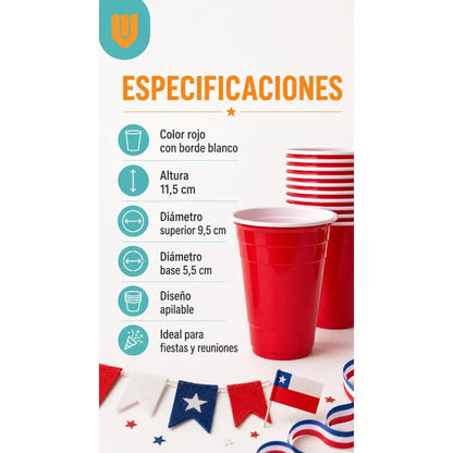 50 Vasos Plasticos Desechables Terremotos Bebidas Fiesta Rojo Bicolor Blanco Vaso Americano Fiestas Patrias Terremoto Fonda Celebración Chilena