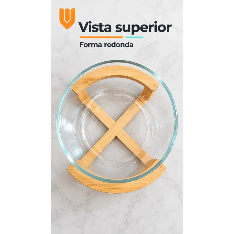 Bowl Vidrio Ensaladera Redonda Base Madera Bambu 18cm Transparente Base Bambu Bowl Redondo Vidrio Transparente Base Bambú Natural Soporte Cruzado Ensaladera Mesa Cocina 18cm