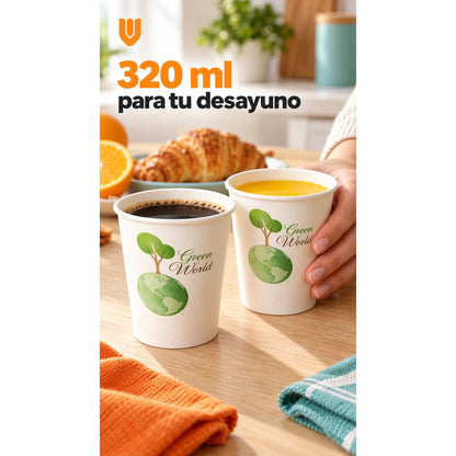 20und Vasos Carton Desechables 320ml Cafe Compostables Jugo Blanco Desechables Biodegradables 320 Ml 20 Unidades Blanco Estampado Verde Árbol Globo Terráqueo Apilables 20und-320ml