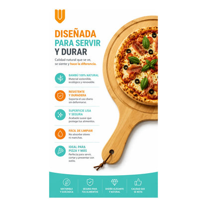 Tabla Bambu Pizza Picoteo Redonda Uso Hogar Cocina Resistent Bambú Natural Gourmet Artesanal Cocina Elegante Minimalista Rustico Premium Presentacion Pizza Picoteo Marron Natural Bambú Madera...