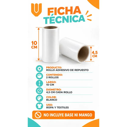 2 Repuestos Saca Pelusa Rodillo Quitapelusas Adhesivo Ropa Repuestos Rodillo Quitapelusas Adhesivo Ropa Textiles Pelos Mascotas Polvo Limpieza Blanco 10 Cm 45 Mm Sin Mango