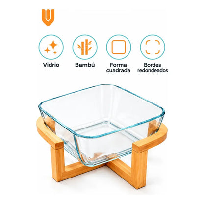 Bowl Vidrio Ensaladera Cuadrada Base Madera Bambu 20cm Transparente Base Bambu Bowl Cuadrado Vidrio Transparente Base Bambú Natural Soporte Cruzado Ensaladera Mesa Cocina 20cm