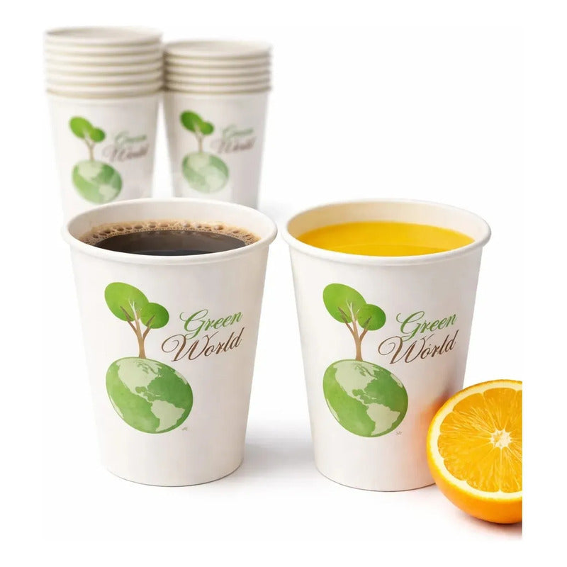 100 Vasos Cafeteria Bebidas Calientes Invierno Te Cafe 235ml Blanco Verde Natural Eco Biodegradable Compostable Sostenible Resistente Calor Antifugas Uso Cafeteria Bebidas Calientes Frias