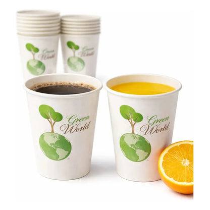 100 Vasos Cafeteria Bebidas Calientes Invierno Te Cafe 235ml Blanco Verde Natural Eco Biodegradable Compostable Sostenible Resistente Calor Antifugas Uso Cafeteria Bebidas Calientes Frias