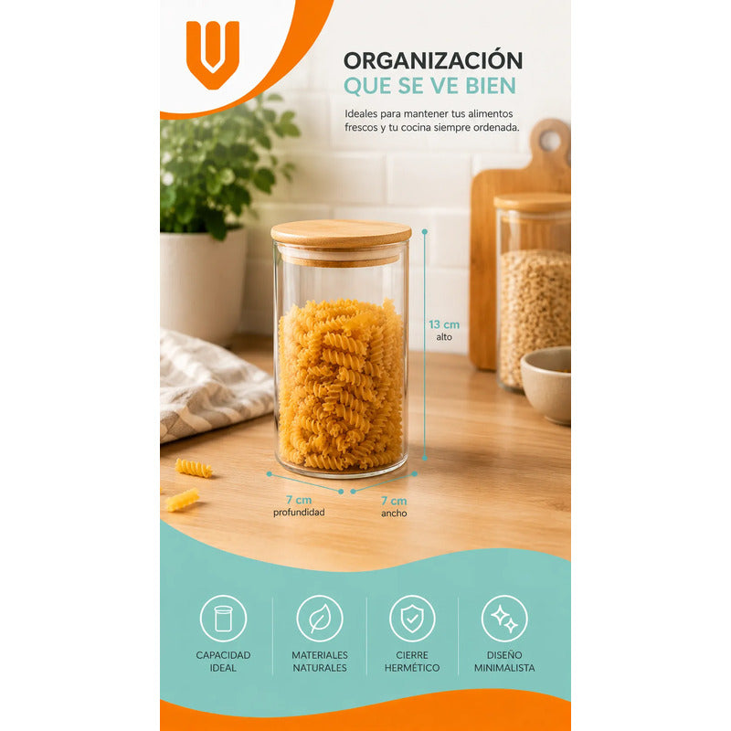 Frasco Vidrio Hermetico Bambu Conservero Hogar Cocina 500 Ml 12 Unidades Transparente Natural Bambú Cristal Claro Minimalista Cocina Gourmet Organizacion Moderna Elegante Premium