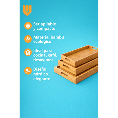3 Bandejas Desayuno Aperitivo Bambu Natural Comida Multiusos Bambú