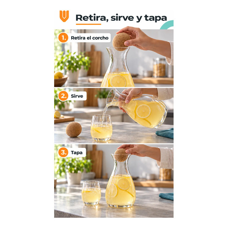 Jarra Vidrio 1800ml Jugo Tapa Corcho 6 Vasos 400 Ml Transparente Jarra Agua Jugo Vidrio Transparente Vasos Curvos Set 1800 Ml 400 Ml Tapón Bola Corcho Cocina Comedor 1800ml