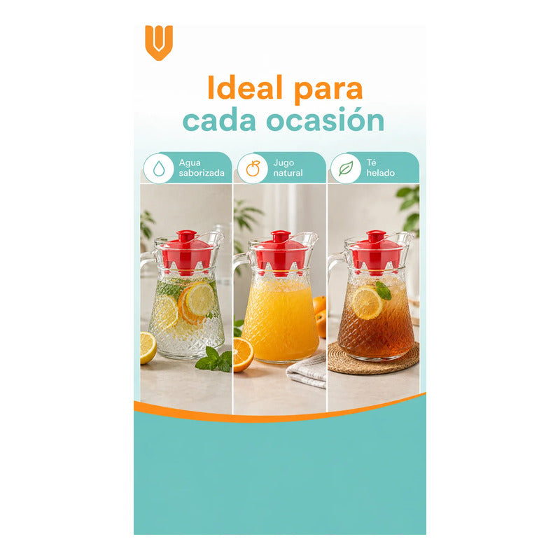Jarra Vidrio Jugo Agua Decorativa Bebidas Cocteles Frio 1l Transparente Tapa Roja Jarra Vidrio 1 Litro Agua Jugos Bebidas Té... 1 Litro Jarra Refrigerador