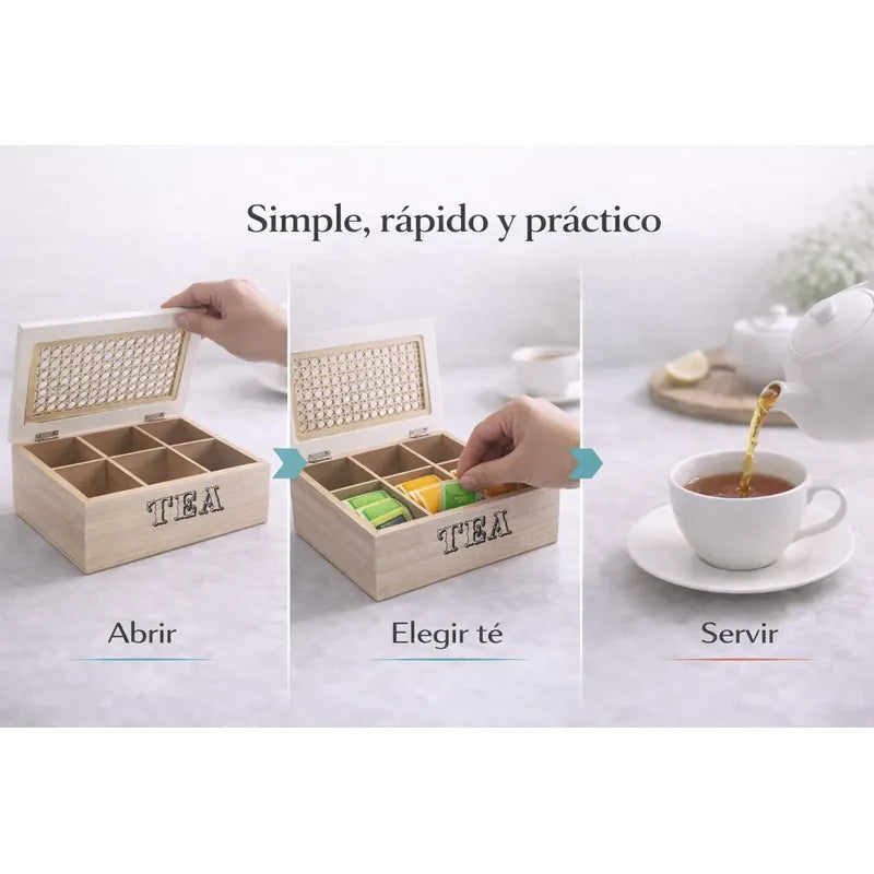 Vitrineon Organizador Te Madera Bambu Cocina Decoracion Chic Tono Madera Oscura Natural Acabado Elegante Estilo Nordico Moderno Decorativo Vetas Visibles Premium Cocina Hogar Estetica Calida